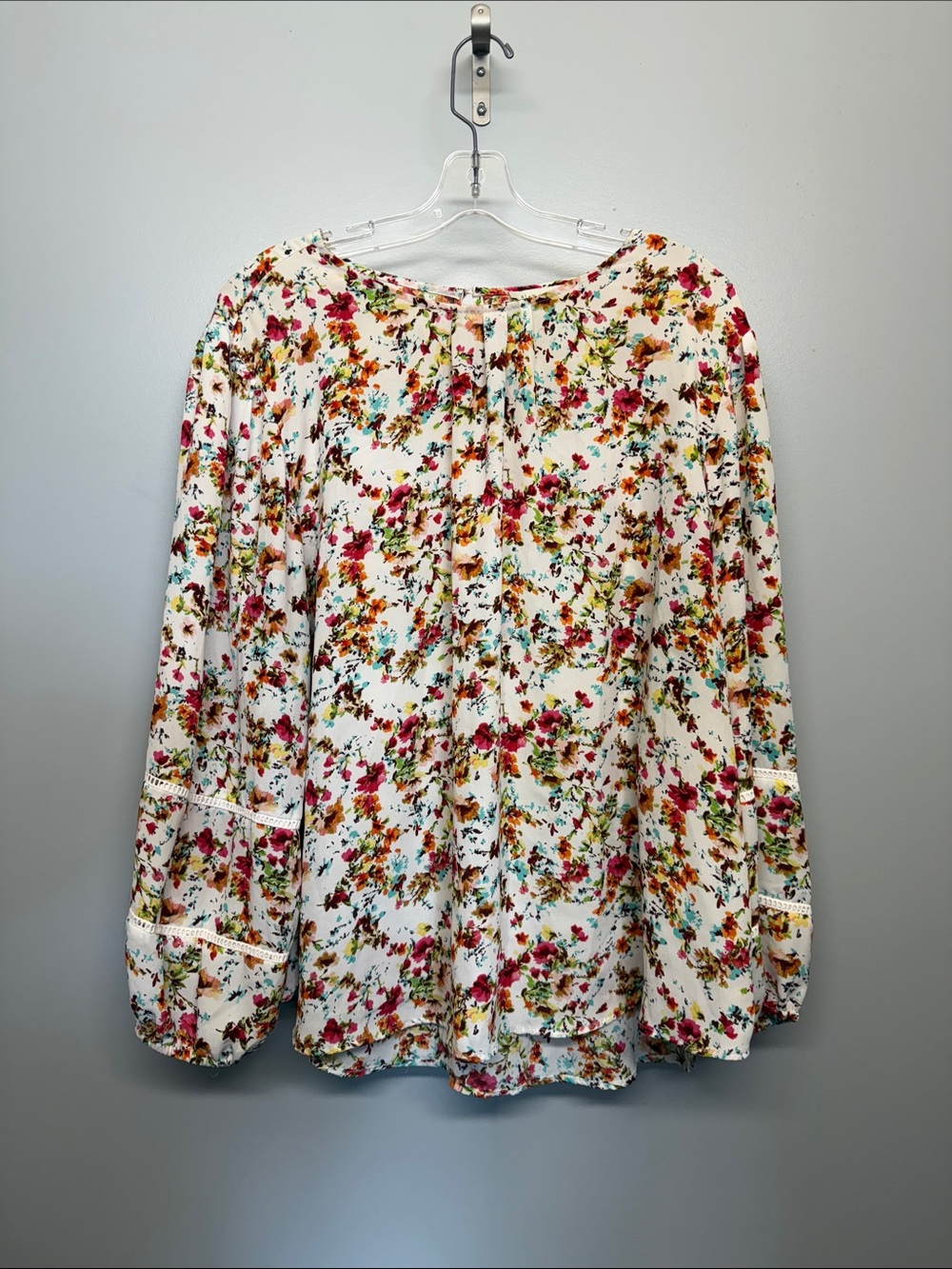 Alex & Lili Long-Sleeve Peasant Blouse - White with Pink & Green Floral